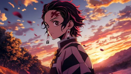 Sword-wielding anime hero under blazing ember sunset sky.