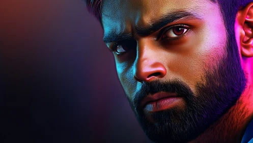 Intense bearded gaze glowing in bold neon light portrait.