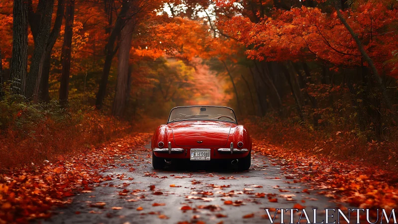 Crimson roadster gliding through a fiery tunnel of autumn leaves.