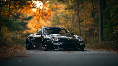 Low-slung black sports car on forest road in autumn glow.