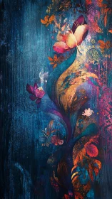 Vertical luminous florals on textured indigo abstraction.