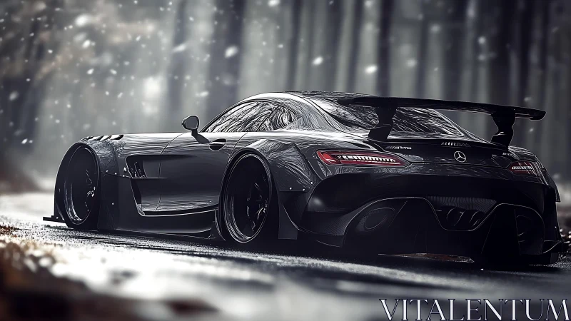 Widebody black sports car on wet forest road in snowfall.