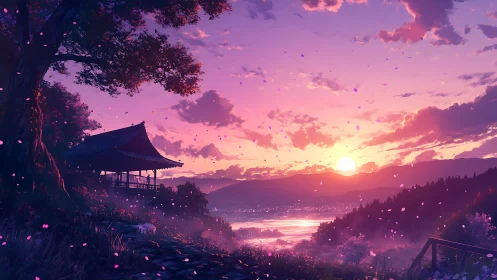 Twilight petals drift above a tranquil hillside temple vista.
