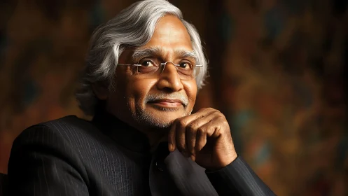 Elderly thinker in rimless glasses under warm portrait lighting.