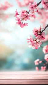 Pink cherry blossoms on branches with blurred background.