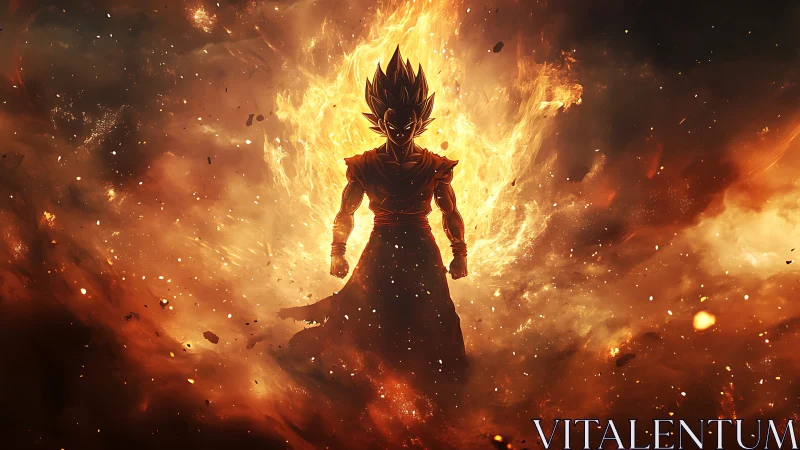 Fiery anime warrior silhouette stands centered in explosive flames