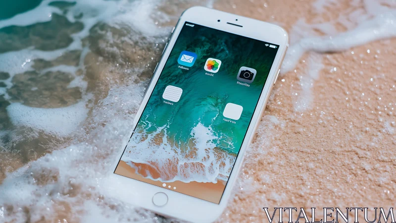 White iPhone at Shoreline: Digital Device Meets Ocean Waves