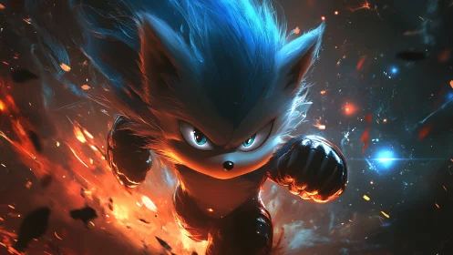 Blue energy creature in fiery high-velocity cinematic charge