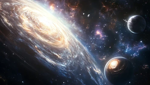 Spiraling galaxy ignites a vivid deep space planetary vista