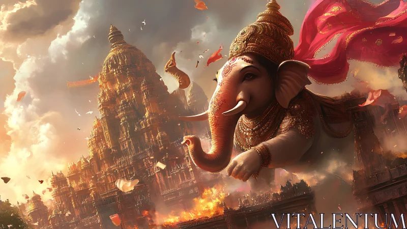 Divine elephant guardian soaring above blazing temple skies.