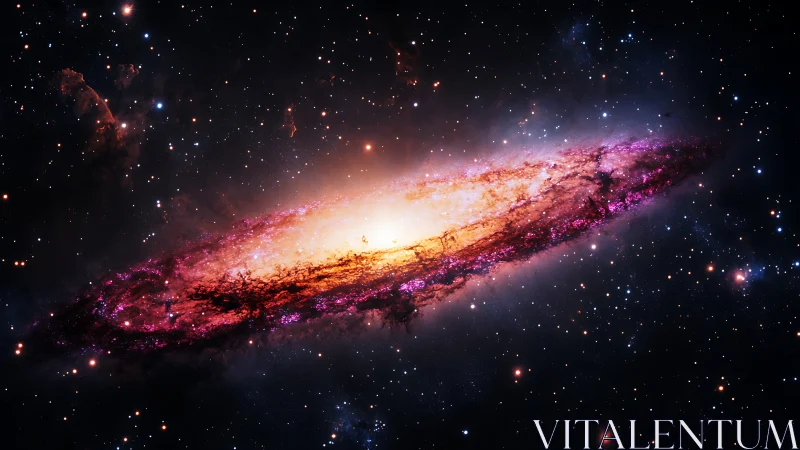 Spiral galaxy core glowing with vivid magenta dust bands.