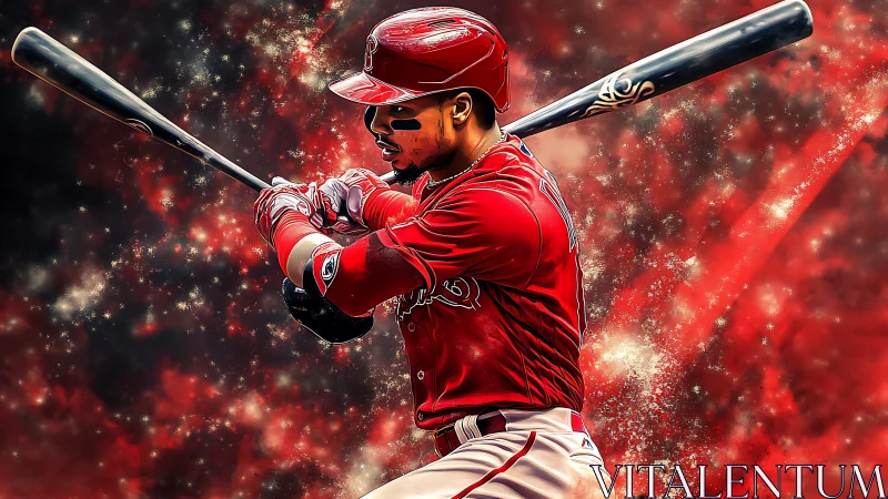 Focused baseball batter ready to swing in vivid red glow.