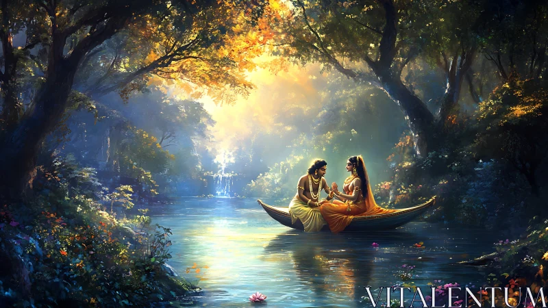 Couple in Gondola Through Enchanted Forest Waterway.