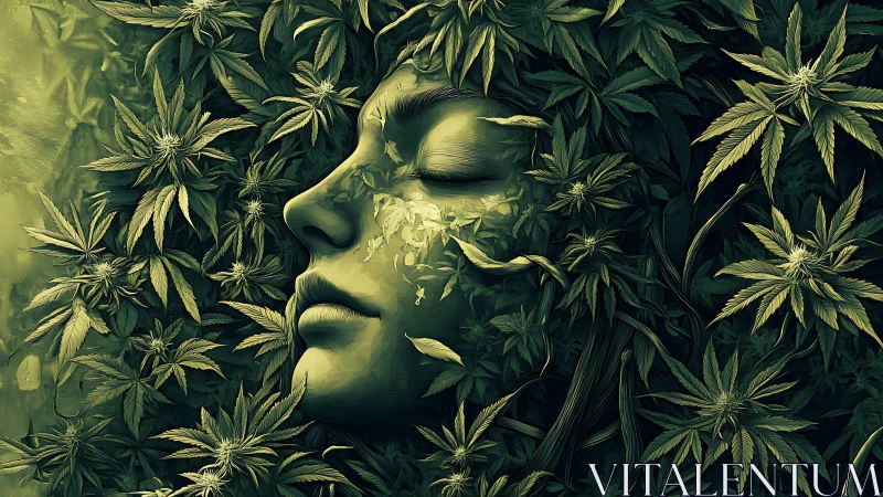 Botanical female face integrally merged with dense cannabis foliage