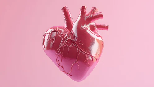 Shiny Pink Anatomical Heart in 3D Illustration on Pastel Background.