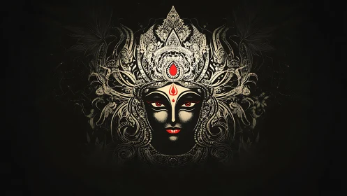 Radiant goddess face glows softly within intricate golden art