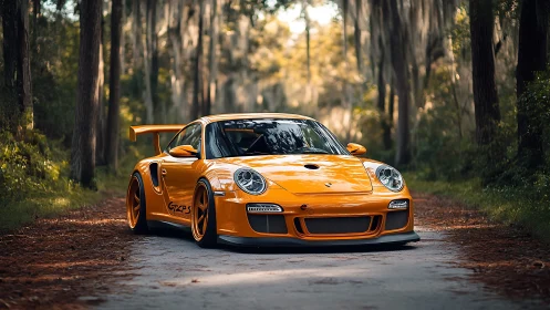 Orange track-spec sports car contrasts with shaded forest lane