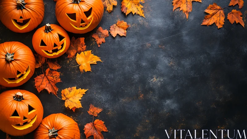 Carved pumpkins and maple leaves frame a dark surface