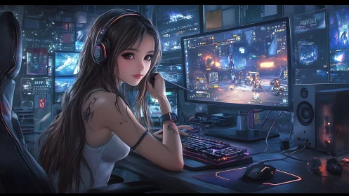 Female gamer streaming at multi monitor RGB desktop setup.