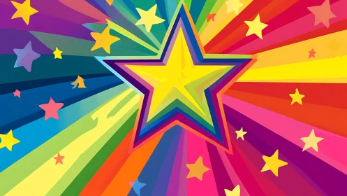 Multicolored central star with radial rainbow background.
