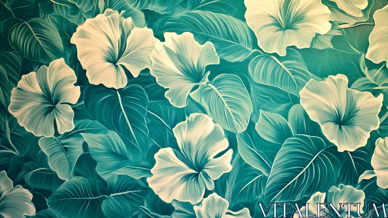 Pale Blooms Against Emerald Foliage in Botanical Study.