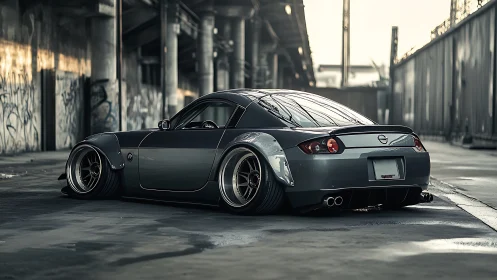 Low-slung street samurai coupe idling in a concrete canyon.