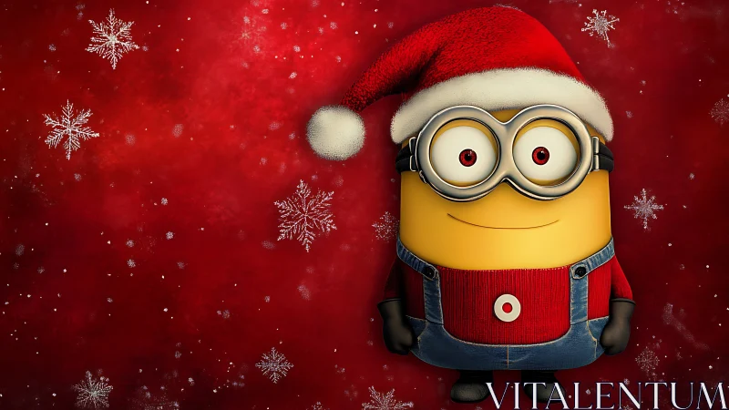 Cartoon yellow character in Santa outfit on red snow backdrop