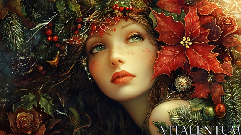 Female portrait framed by poinsettias and evergreen foliage.