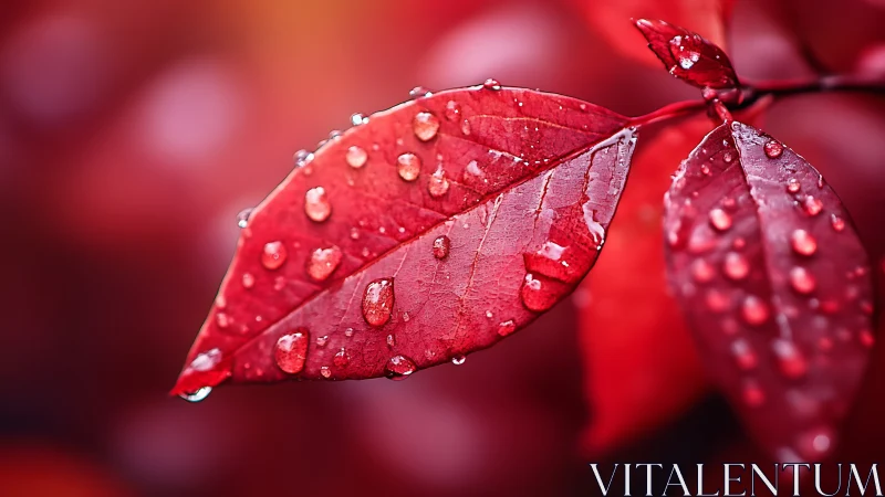 Crimson leaves kissed by raindrops in soft autumn light.