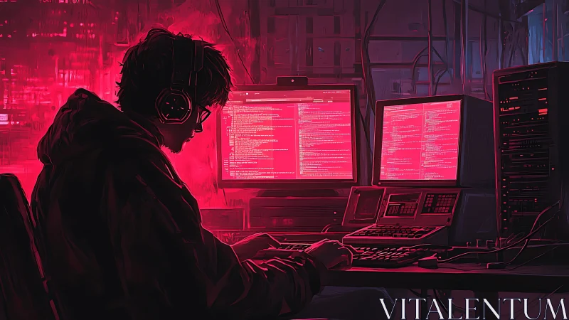Late night coder glows in neon red light at busy workstation