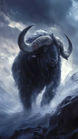 Mythic horned colossus striding through glacial storm.