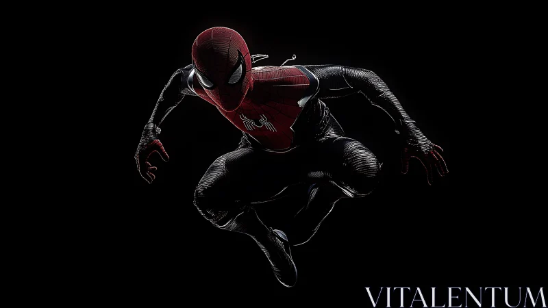 Web-suited acrobat lunges from darkness in wired red light