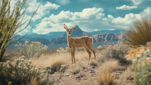 Young desert deer pausing under a bright western sky.