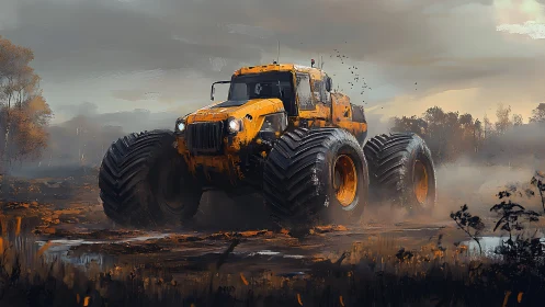 Massive off road tractor storms through a misty autumn marsh