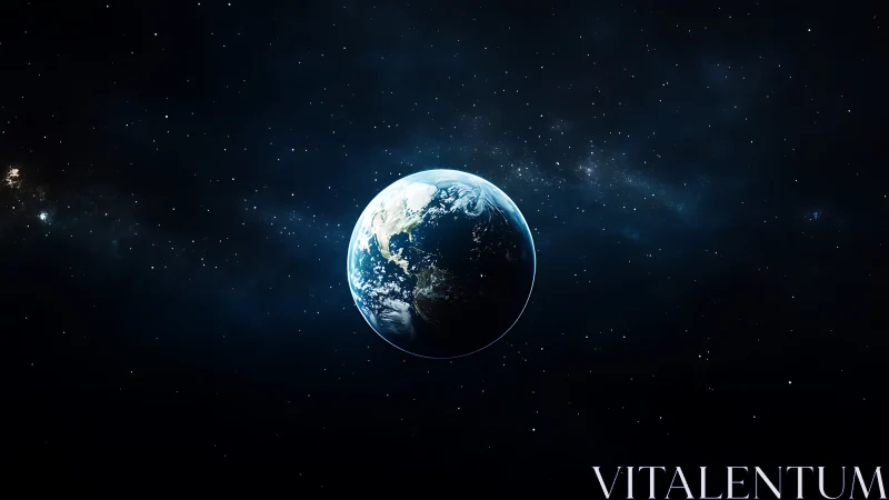 Solitary Earth illuminated in deep cosmic darkness.