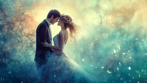 Ethereal Wedding Embrace: Luminous Couple Portrait with Enchanted Bokeh Effects.