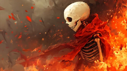 Flaming robed skeleton profile in ember storm environment