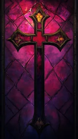 Gothic cross window glows within vivid magenta stained glass.