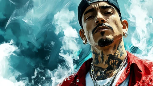 Tattooed streetwear portrait in teal smoke digital painting