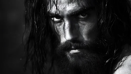 Storm-soaked warrior stare carved from shadow and grit.