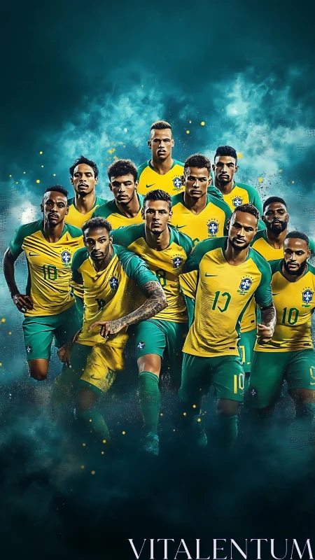 Brazil national football squad in yellow and green kits.