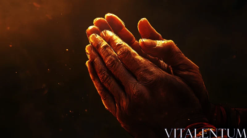 Gentle, weathered hands rest in quiet, glowing prayer