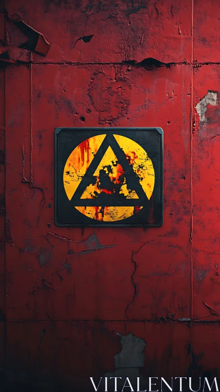 Industrial hazard emblem on decayed red metal wall.