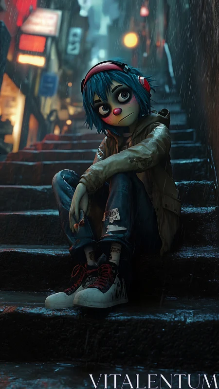 Melancholic street clown teen under neon city rain.