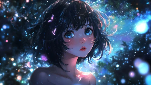 Luminous anime portrait with bokeh-rich celestial backdrop.