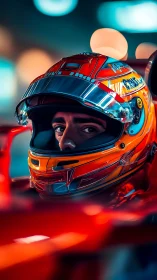 Midnight racer’s gaze in neon-soaked cockpit calm.