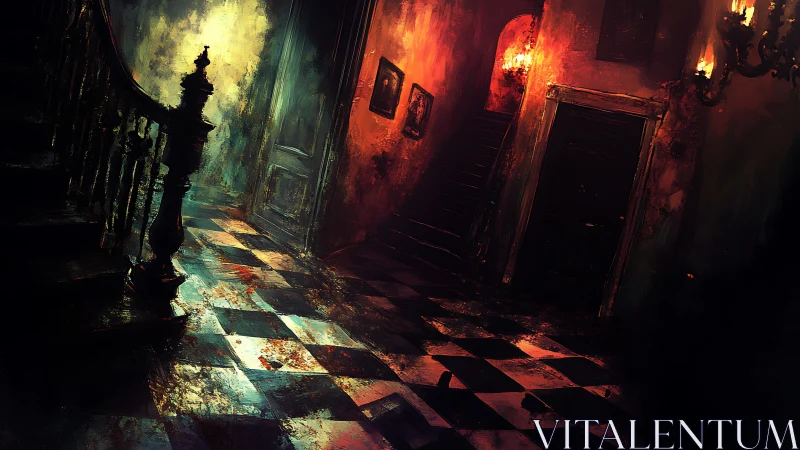 Haunted corridor glows with eerie light and crumbling decay.