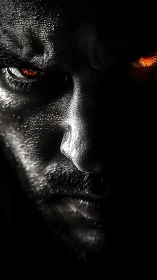 Intense glowing eyes emerging from deep shadowed darkness.