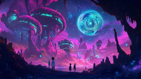 Bioluminescent alien valley rendered in neon chromatic contrast