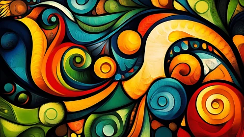 Joyful swirl of rainbow shapes in lively abstract color.